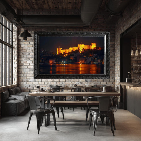 Rumeli Fortress Canvas Wall Art, Istanbul Night Bosphorus Print, Glowing Castle Landscape for Turkish History and Travel Decor