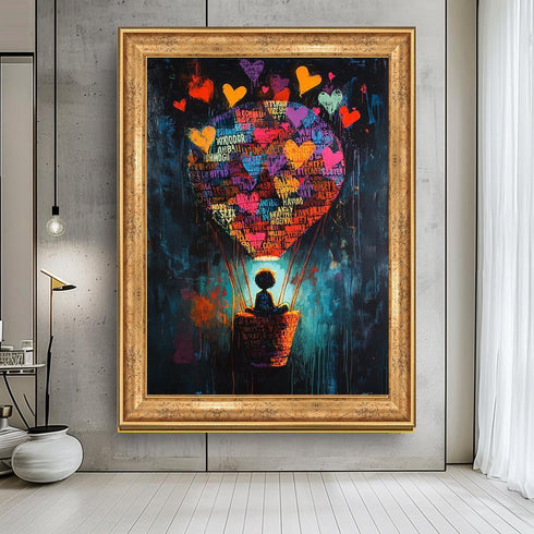 Renkli Banksy Stili Uçan Kalpler Tablo