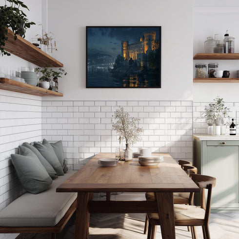 Rumeli Fortress Night Canvas Print, Istanbul Castle Wall Art with Bosphorus Lights, Dark Historic Cityscape Decor for Moody Interiors