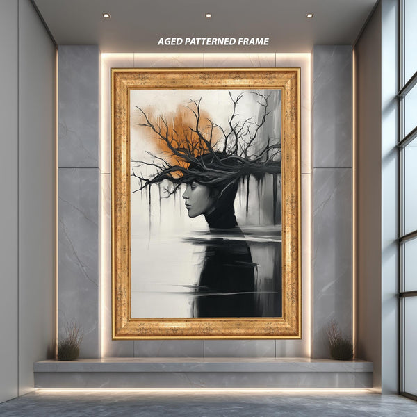 Surreal Woman Tree Wall Art Print, Dark Abstract Portrait Poster, Nature Mind Concept Artwork, Modern Emotional Black White Decor