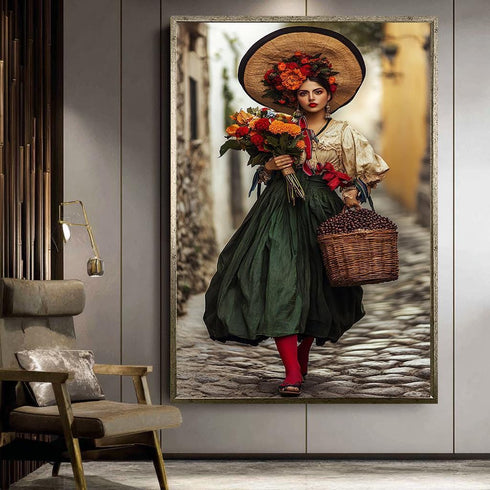 Çiçek Taşıyan Kadın Meksika Stili Tablo