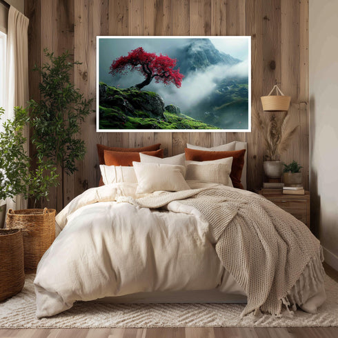 Kırmızı Yapraklı Ağaç ve Sisli Orman Tablo