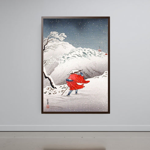 Japanese Woodblock Canvas Art, Winter Snow Landscape, Ukiyo-e Print, Red Kimono Traveler, Traditional Asian Decor, Shin Hanga Style