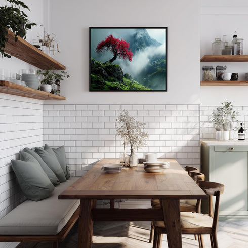 Kırmızı Yapraklı Ağaç ve Sisli Orman Tablo