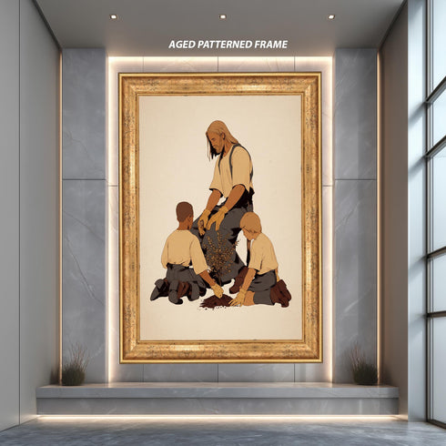 Jesus Gardening with Children Canvas, Carpenter Jesus Art, Christian Boys Room Decor, Faith of Mustard Seed, Religious Nursery