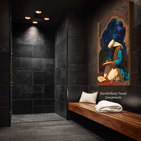 Kur’an-ı Kerim Okuyan Alim Kanvas Tablo – Gece Yıldızlı Gökyüzü Temalı İslami Duvar Dekoru, Dini ve Manevi Sanat Eseri