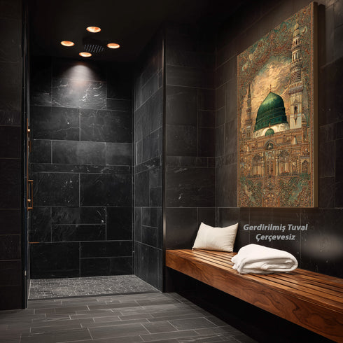 Mescid-i Nebevi Yeşil Kubbe Osmanlı Desenli Kanvas Tablo – İslami Sanat Motifli Dini Duvar Dekoru, Medine Temalı Salon Tablosu