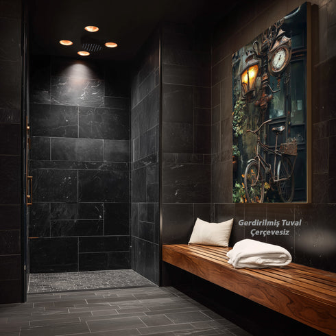 Vintage Sokak Lambası ve Bisiklet Sanat Tablosu Poster, Nostaljik Şehir Detayı ile Rustik Endüstriyel Duvar Dekoru Baskısı Sanatı