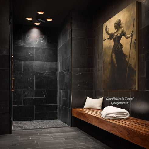 Adalet Tanrıçası Themis Sanat Baskısı, Kör Adalet ve Terazi Sembolüyle Güçlü Mitolojik Figür, Klasik ve Dramatik Duvar Dekoru