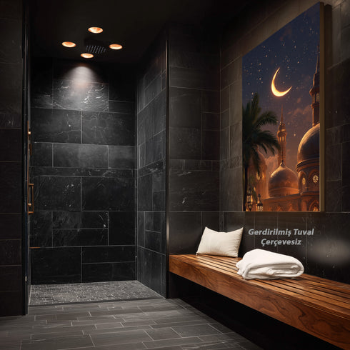 Hilal ve Yıldızlı Gece Camii Manzarası Kanvas Tablo – Ramazan Temalı İslami Duvar Dekoru, Dini ve Manevi Salon Tablosu