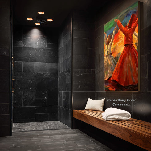 Semazenlerin Sema Dönüşü, Canlı Renklerle Tasvir Edilmiş Tasavvufi Ritüel ve Manevi Derinlik Taşıyan Modern Sanat Tablosu