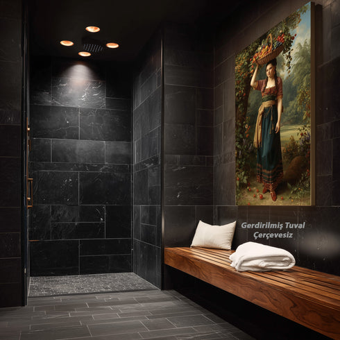 Meyve Sepeti Taşıyan Kırsal Kadın Sanat Baskısı, Doğal Bereket ve Geleneksel Yaşam Temalı Klasik Yağlı Boya Stil Duvar Dekoru