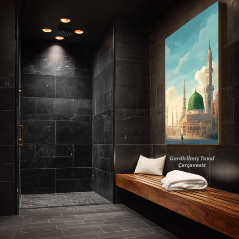 Mescid-i Nebevi ve Yeşil Kubbe Manzaralı Kanvas Tablo – Medine İslami Duvar Dekoru, Dini Mimari Temalı Salon ve Ofis Tablosu