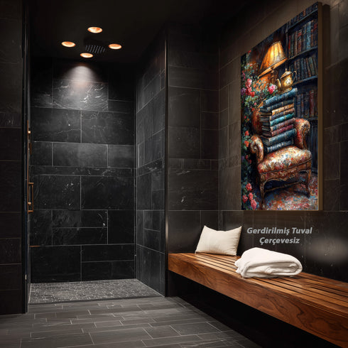 Kitaplarla Dolu Kütüphane Köşesi ve Çaydanlık Sanat Baskısı, Vintage Okuma Atmosferi, Çiçekli Klasik Koltuk ile Nostaljik Duvar Dekoru