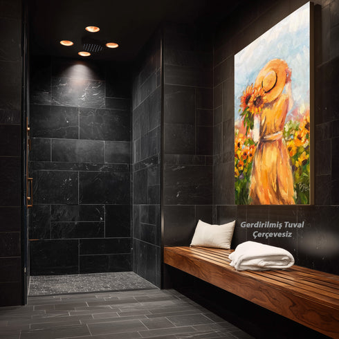 Ayçiçekleri Arasında Şapkalı Kadın, Yaz Esintili Romantik Kırsal Sahneyle Sıcak ve Huzur Veren Sanat Tablosu