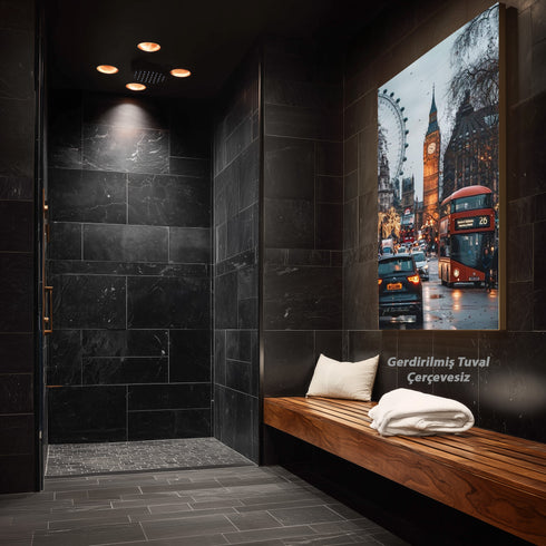 Londra Big Ben ve Kırmızı Otobüs Şehir Manzarası Sanat Baskısı, Yağmurlu Akşam Sokakları ve İkonik Şehir Duvar Dekoru Modern Ofis İçin