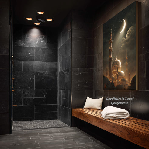 Hilal ve Yıldızlı Gece Camii Kanvas Tablo – Altın Işıltılı İslami Duvar Dekoru, Dini ve Manevi Atmosferli Salon Tablosu