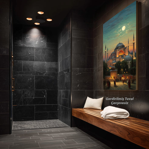 Ayasofya Camii Dolunay Manzaralı Kanvas Tablo – İstanbul Temalı İslami Duvar Dekoru, Dini ve Tarihi Atmosferli Salon Tablosu