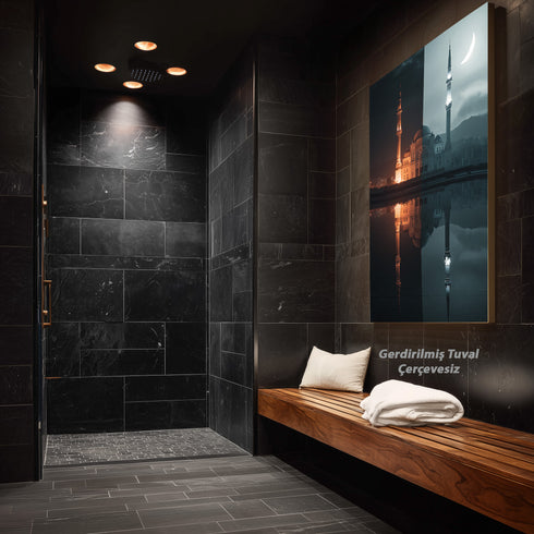 Gece ve Hilal Işığında Camii Kanvas Tablo – İslami Duvar Dekoru, Dini Mimari Sanat Eseri, Modern ve Klasik Ev Dekorasyonu