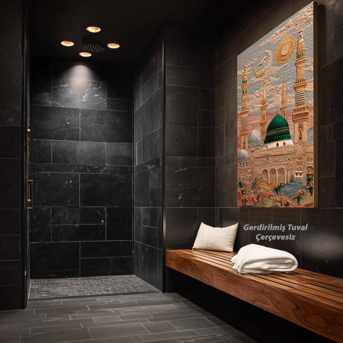 Mescid-i Nebevi Yeşil Kubbe Nakış İşlemeli Görünümlü Kanvas Tablo – Hilal ve Güneş Motifli İslami Duvar Dekoru, Dini Salon Tablosu