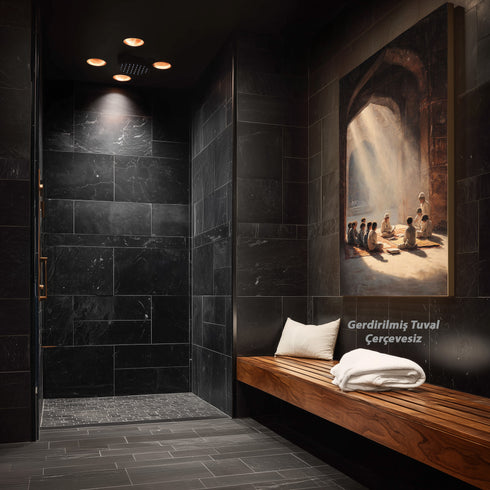 Kur’an Öğrenen Çocuklar Kanvas Tablo – Cami İçinde Manevi Eğitim Temalı İslami Duvar Dekoru, Dini ve Huzur Veren Salon Tablosu