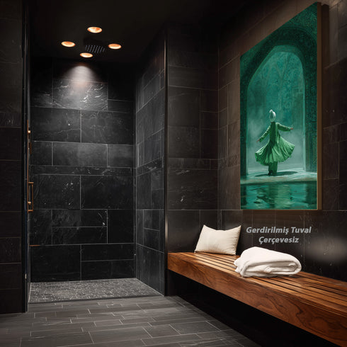 Semazen ve Tasavvuf Temalı İslami Kanvas Tablo – Yeşil Tonlu Manevi Atmosferli Dini Duvar Dekoru, Mevlevi Sanat Eseri