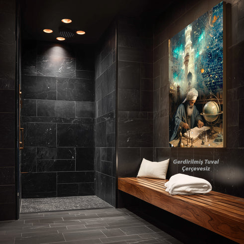 İslam Alimi ve Astronomi Çalışması Kanvas Tablo – Bilim ve İlim Temalı İslami Duvar Dekoru, Dini ve Manevi Sanat Eseri