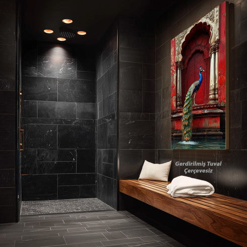 Kırmızı Oryantal Kapı ve Tavus Kuşu Sanat Baskısı, Doğu Mimarisi ve Zarif Detaylarla Egzotik Duvar Dekoru Tablo