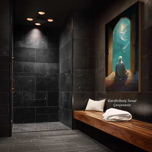 Kapıdan Camiye Bakan Derviş Kanvas Tablo – Manevi Yolculuk Temalı İslami Duvar Dekoru, Dini ve Huzur Veren Salon Tablosu