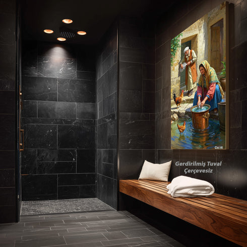 Geleneksel Köy Yaşamı Suluboya Sanat Baskısı, Anadolu Günlük Hayat Sahnesi, Tavuklar ve Taş Evlerle Nostaljik Duvar Dekoru