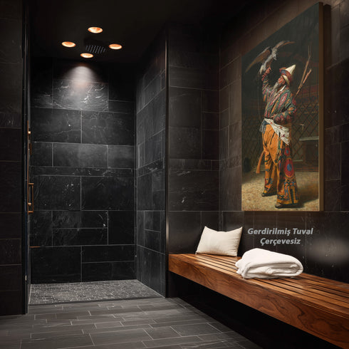 Oryantal Avcı Figürü Sanat Tablosu Poster, Şahinli Osmanlı Av Sahnesi ile Geleneksel Doğu Temalı Klasik Duvar Sanatı Baskısı