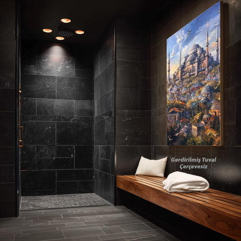 Ayasofya ve Tarihi İstanbul Silüeti Sanat Baskısı, Kubbe ve Minarelerle Osmanlı Mimarisi, Masalsı Şehir Manzarası Duvar Dekoru