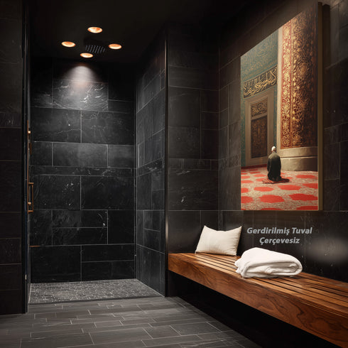 Cami İçinde Dua Eden Mümin Kanvas Tablo – Altın Varak Detaylı İslami Duvar Dekoru, Dini ve Manevi Salon Tablosu