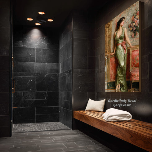 Zarif Kadın Figürü ve Klasik Salon Sanat Baskısı, Yeşil Saten Elbise ile Vintage Asalet, Romantik ve Zamansız Duvar Dekoru