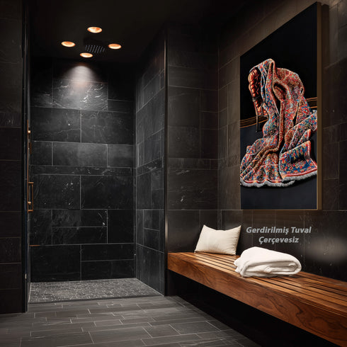 Modern Soyut Natürmort Sanat Tablosu Poster, Desenli Kumaş ve Klasik Koltuk Detaylı Lüks Dekoratif Duvar Sanatı Baskısı