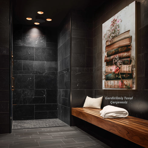 Vintage Kitap Yığını ve Zarif Çiçekler, Nostaljik ve Romantik Atmosferli Estetik Natürmort Sanat Tablosu