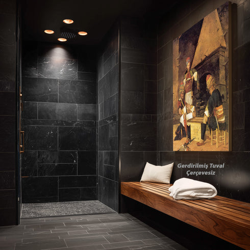 Tavla Oynayan Zeybekler, Osmanlı Dönemi Kıyafetleriyle Geleneksel Kahvehane Sahnesini Yansıtan Nostaljik Sanat Tablosu