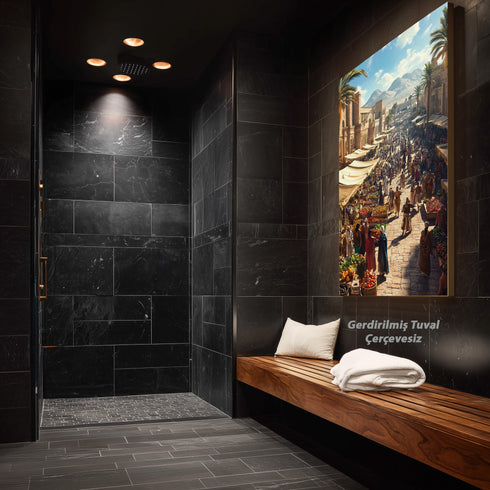 Antik Doğu Pazarı Manzarası Sanat Tablosu Poster, Palmiye Ağaçları ve Tarihi Mimari Arasında Canlı Oryantal Çarşı Sahnesi Duvar Sanatı