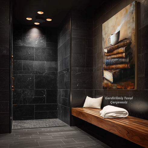 Buharlı Kahve Fincanı ve Eski Kitaplar, Sıcak ve Huzurlu Atmosferli Nostaljik Okuma Köşesi Temalı Sanat Tablosu