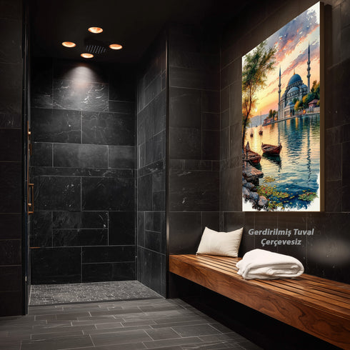 Gün Batımında Boğaz ve Tarihi Cami Manzarası Sanat Baskısı, İstanbul Temalı Suluboya Tablo ve Huzur Veren Klasik Duvar Dekoru