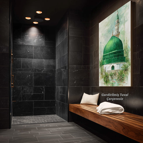 Yeşil Kubbe Mescid-i Nebevi Kanvas Tablo – Medine Ravza-i Mutahhara İslami Duvar Dekoru, Dini Huzur Temalı Salon Tabl