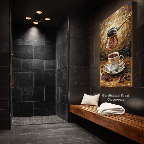 Türk Kahvesi Ritüeli Yağlı Boya Sanat Baskısı, Cezveden Fincana Akan Kahve ile Geleneksel ve Sıcak Duvar Dekoru