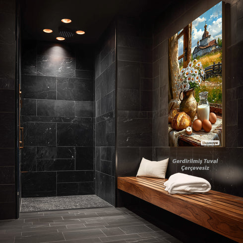 Kır Evi Penceresinde Natürmort Sanat Baskısı, Papatyalar Ekmek ve Süt ile Kırsal Yaşamın Sıcaklığı, Nostaljik Duvar Dekoru