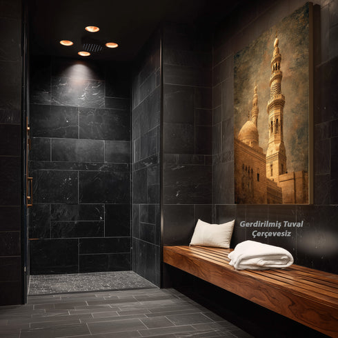 Tarihi Cami Minaresi ve Kubbe Kanvas Tablo – Osmanlı Mimari Temalı İslami Duvar Dekoru, Dini ve Klasik Salon Tablosu