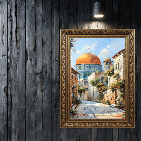 Kubbetüs Sahra ve Tarihi Taş Sokaklar, Çiçeklerle Bezeli Kudüs Manzarasında Huzur ve Maneviyat Yansıtan Sanat Tablosu