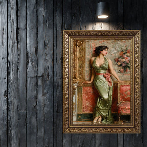 Zarif Kadın Figürü ve Klasik Salon Sanat Baskısı, Yeşil Saten Elbise ile Vintage Asalet, Romantik ve Zamansız Duvar Dekoru