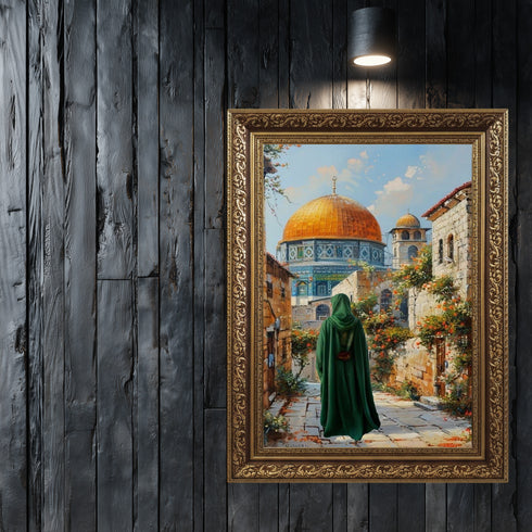 Kubbetüs Sahra ve Mescid-i Aksa Manzaralı Kanvas Tablo – Kudüs Temalı İslami Duvar Dekoru, Dini ve Manevi Atmosferli Salon Tablosu