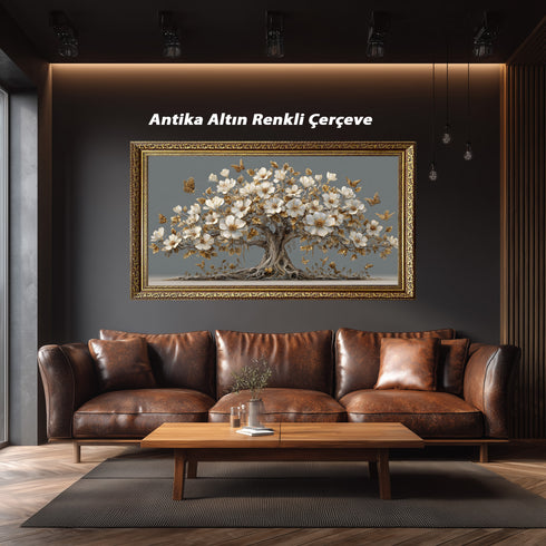 Altın Yapraklı Beyaz Çiçekli Ağaç Tablosu Kelebekli Lüks Kanvas Duvar Dekoru, Modern Dokulu Salon Yatak Odası Tablo