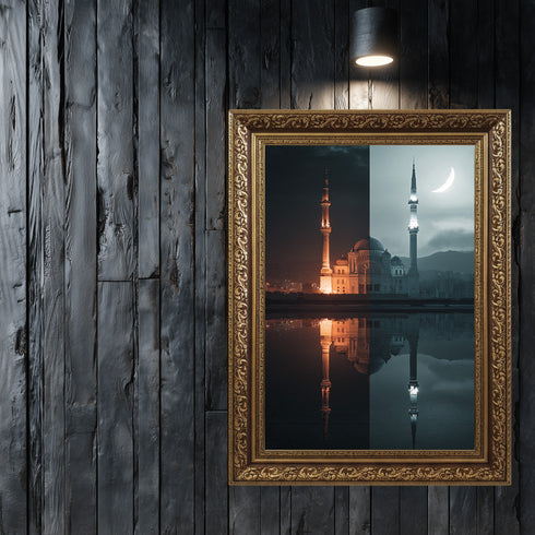 Gece ve Hilal Işığında Camii Kanvas Tablo – İslami Duvar Dekoru, Dini Mimari Sanat Eseri, Modern ve Klasik Ev Dekorasyonu