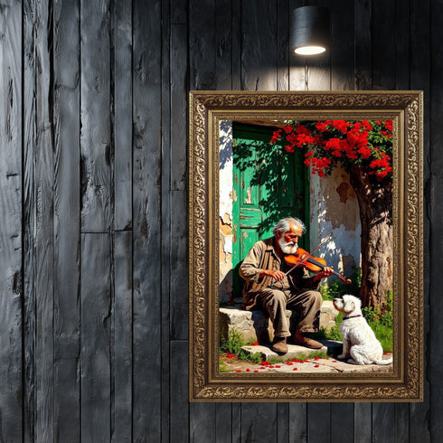Kemancı Yaşlı Adam ve Sadık Köpek Suluboya Sanat Baskısı, Nostaljik Köy Sahnesi ve Doğal Işıklarla Duygusal Duvar Dekoru